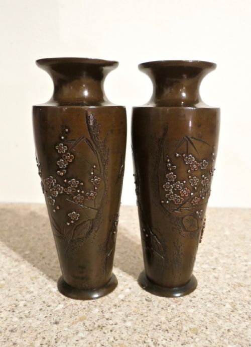 Charming Pair of Japanese Inlaid Bronze Vases