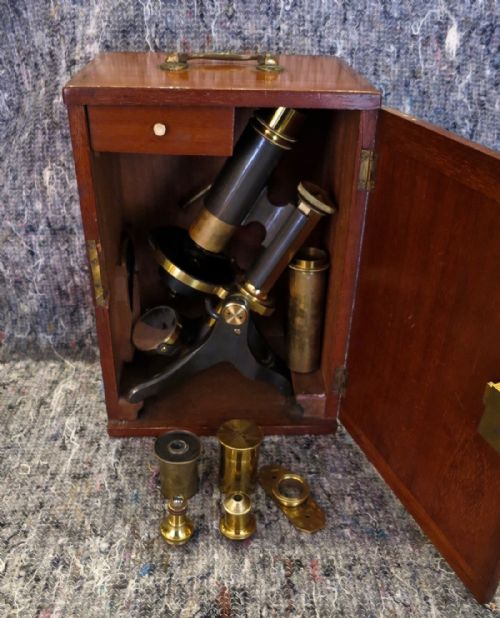 Victorian Cased Microscope & 70 Slides