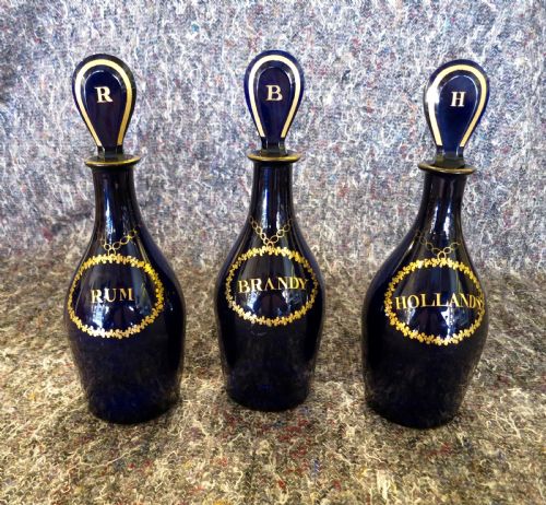 Set of Three Bristol Blue-glass Decanters