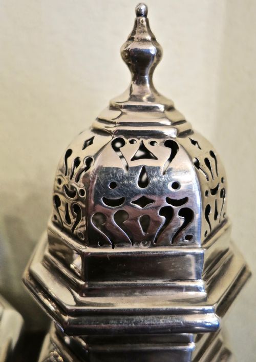 fig 1. PAIR OF HEAVY SOLID SILVER SUGAR CASTERS