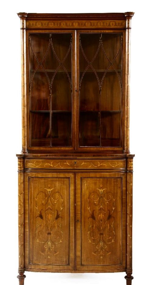 fig 1. MARQUETRY SHERATON REVIVAL STANDING CORNER CABINET