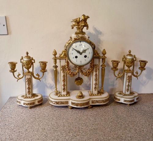French Marble & Ormolu 3-Piece Clock Set