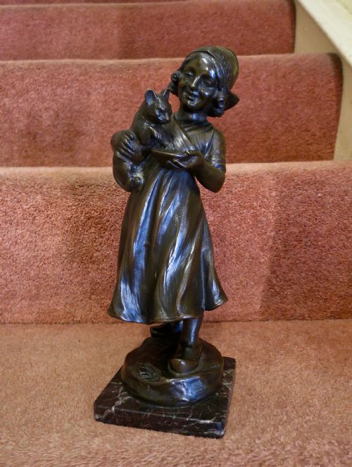 Girl Feeding a Kitten: Bronze Figure