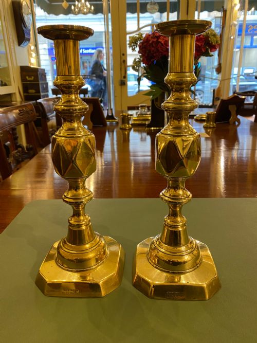 Pair of Victorian 'King of Diamonds' Brass Candle Sticks