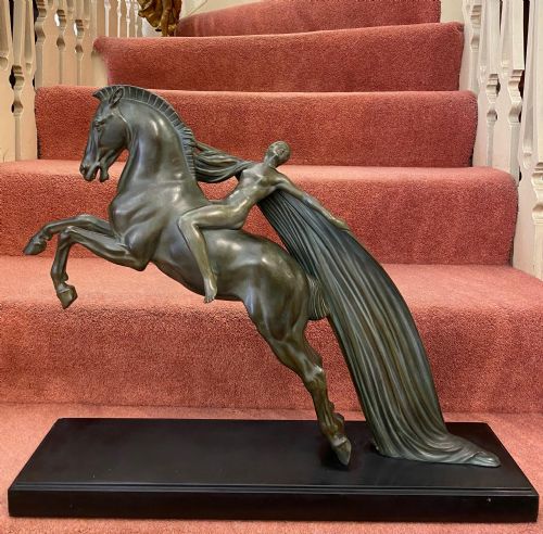 Large French Art Deco Bronze of a Nude Female Astride a Leaping Horse,  Signed C. Charles