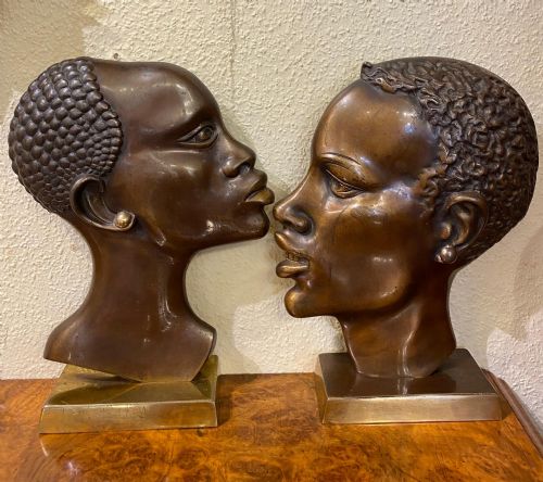Pair of Art Deco Bronze Profile Studies of Negro Heads