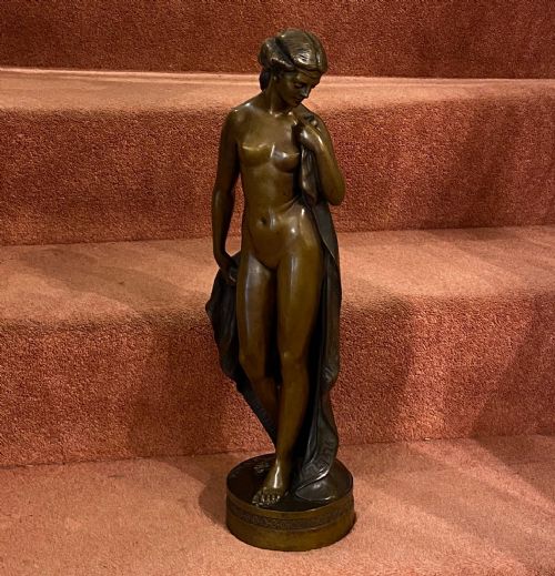 Large Art Deco Patinated Bronze Nude Female Sculpture - Signed Prof O. Poertzel