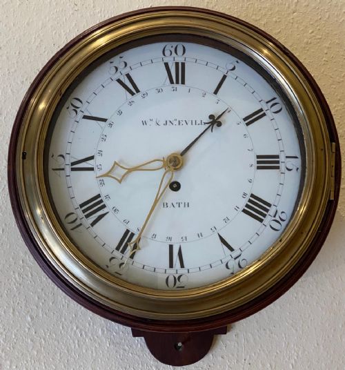 fig 1. Rare Mahogany Enamel Dialled Wall Clock by William Evill of Bath (c.1785)