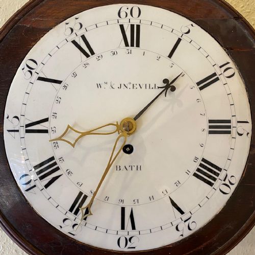 fig 2. Rare Mahogany Enamel Dialled Wall Clock by William Evill of Bath (c.1785)