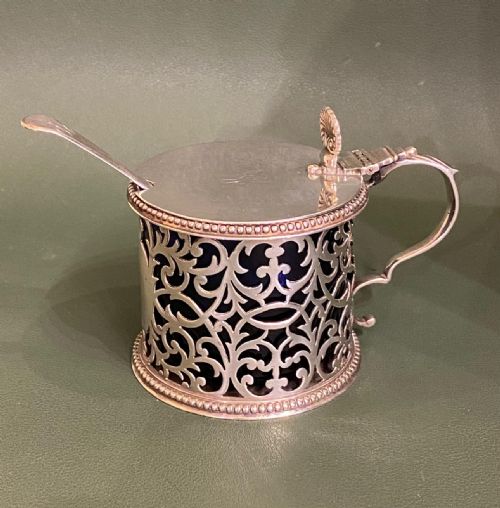 Pretty George III Sterling Silver Mustard Pot with Blue-glass Container