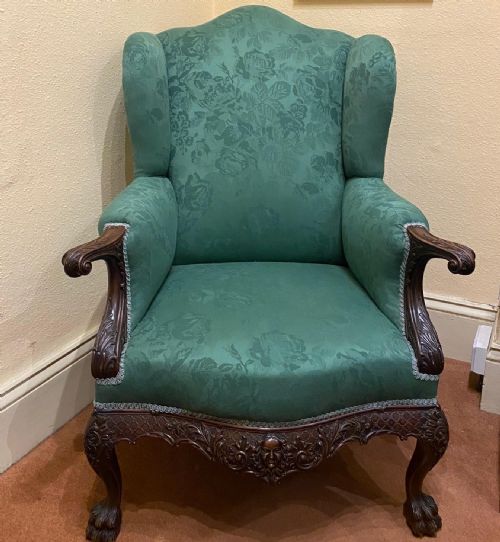 George II Style Solid Mahogany Ornately Carved Wing-armchair