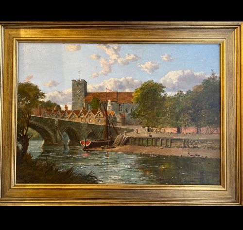 19th Century Framed Oil on Canvas - Bridge at Aylesford, Kent, by Edward H Niemann