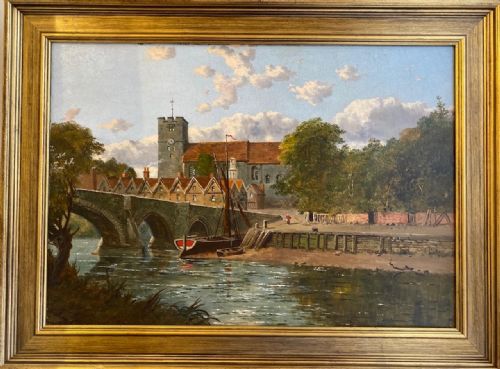 fig 1. 19th Century Framed Oil on Canvas - Bridge at Aylesford, Kent, by Edward H Niemann