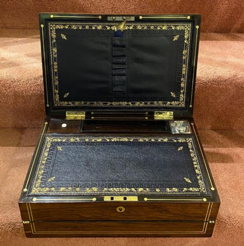 Mid 19th Century 3-Section Rosewood Writing Box with Hallmarked Silver Inkwell