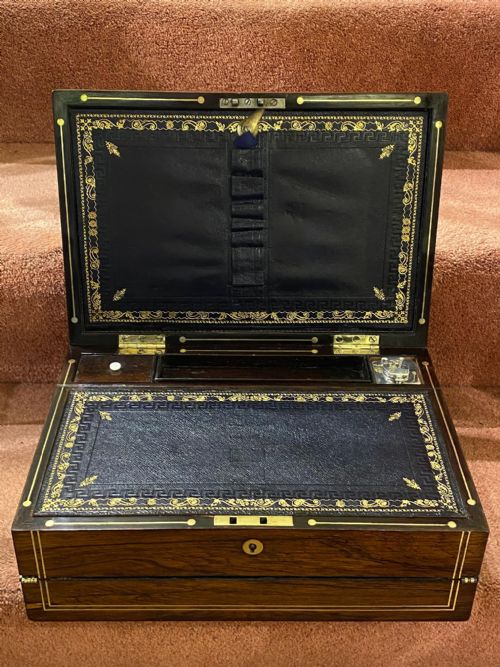 fig 1. Mid 19th Century 3-Section Rosewood Writing Box with Hallmarked Silver Inkwell