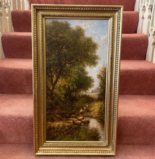 Gilt Framed Oil on Canvas - "Stepping Stones" by Henry Maidment (1868-1942)
