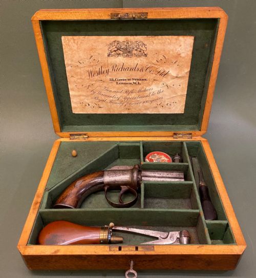 Mahogany Cased English 38 Bore ‘Pepper Box Pistol" with Six Chambers