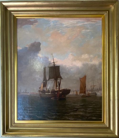 Oil on Canvas Entitled “A Busy Harbour” by William R Wells 1860-1880