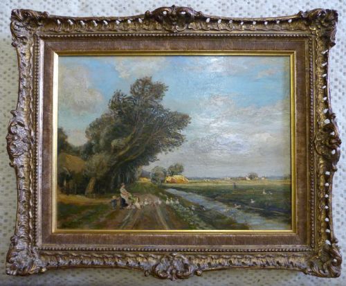 "Feeding the Ducks" Charming Oil Painting