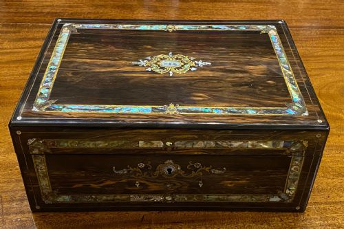 fig 1. A Very Good Mid Victorian Coromandel-Wood SEWING BOX With Many Extras