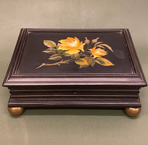 Ebony Trinket Box with Beautiful ‘Pietra Dura’ Rose Decorated Inlaid Lid