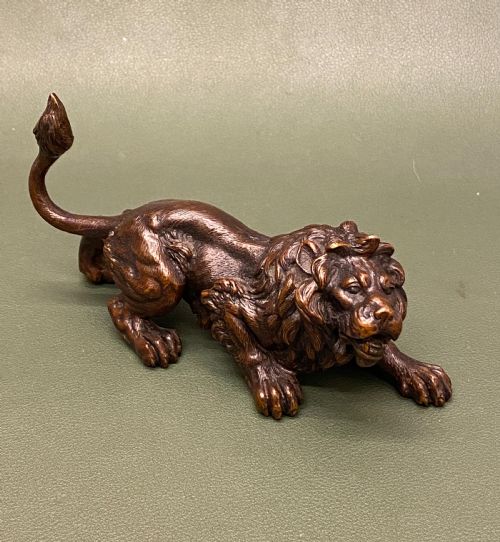 Late 19th Century Austrian Bronze (Geschutz) Model of a Crouching Lion (5 Inches Long)