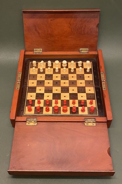 Good 19th Century Folding Mahogany-cased Travel Chess Set