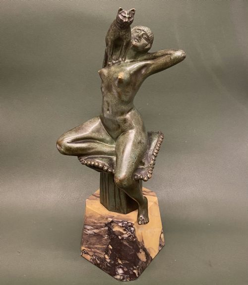 French Bronze Figure of a Nude Female with a Cat, Signed R.c.ireland