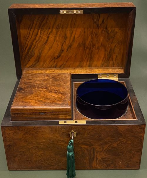 19th Century Burr Yew-wood Tea Caddy with Single Tea Canister & Blue-glass Sugar Bowl