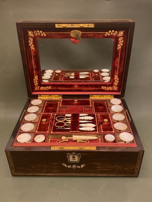 fig 2. A Rare 19th century Coromandel-wood Sewing Box with TEN reels