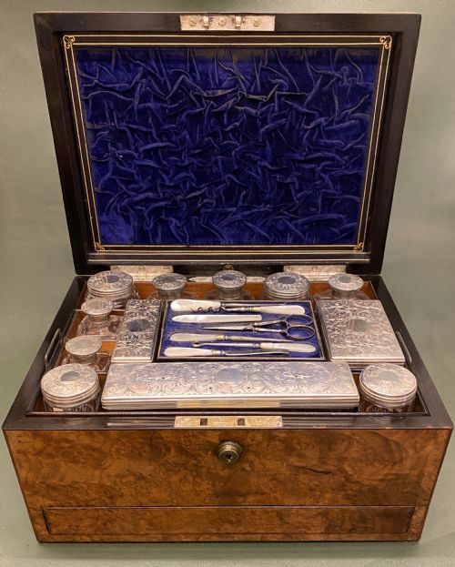 Walnut Lady's Dressing Case with Hallmarked Silver Tops (1872)