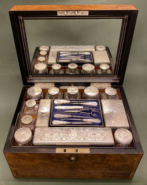 fig 1. Walnut Lady's Dressing Case with hallmarked Silver tops (1872)
