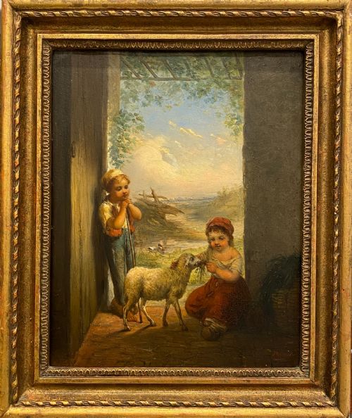 Framed Oil Painting on Board - Shepherd Boy and Girl, 19th Century. Signed.