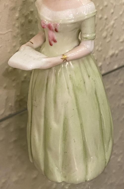 fig 1. A rare Royal Worcester porcelain CANDLE-SNUFFER - 'Jenny Lind' (Diffidence) in green, 1892