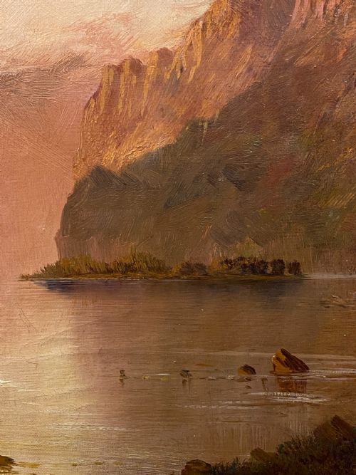 GUSTAVE DE BREANSKI FL18561898 OIL PAINTING ON CANVAS MOUNTAINOUS LAKE VIEW AT SUNRISE - ADDITIONAL PHOTO 5