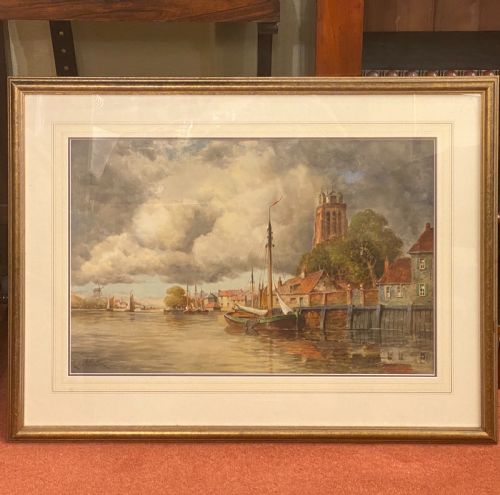 Hermanus Koekkoek II (1836-1909) - Framed Watercolour "A Stormy Night Over Dordrecht, Holland