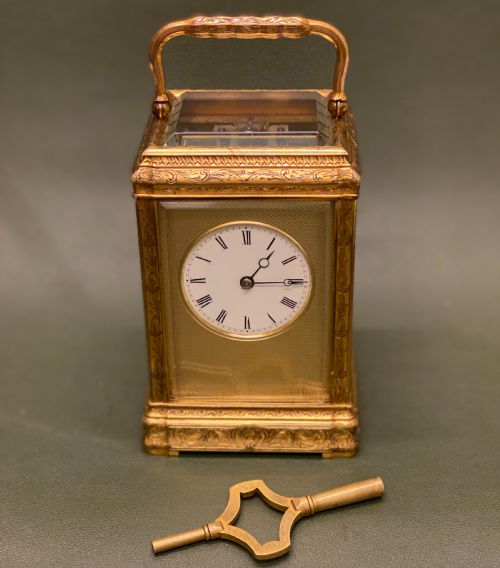 fig 2. Engraved ‘Gorge’ cased striking French Carriage Clock, by Soldano
