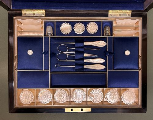 fig 1. Fine quality 19th century coromandel wood inlaid Sewing Box, with provenance