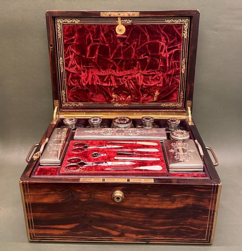 A Good Coromandel-wood Lady's Silver Dressing Case and Contents, Hallmarked 1858