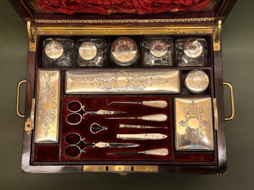 fig 4. A good coromandel-wood Lady's silver Dressing Case and contents, Hallmarked 1858
