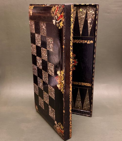A Good Quality 19th Century Folding Papier Maché Chess/backgammon Games Box