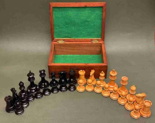 fig 1. Mahogany cased Staunton Chess Set (King 7.5cm)