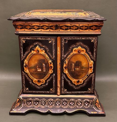 Charming 19th Century Decorative Papier Mâché Sewing Cabinet and Contents