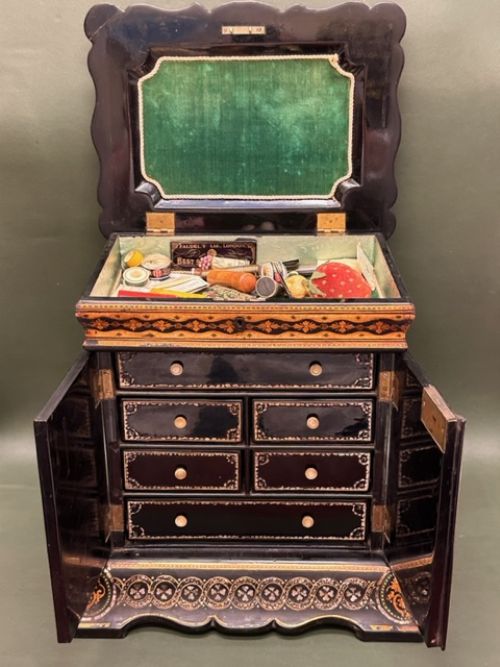 fig 1. Charming 19th century decorative Papier Mâché Sewing Cabinet and contents