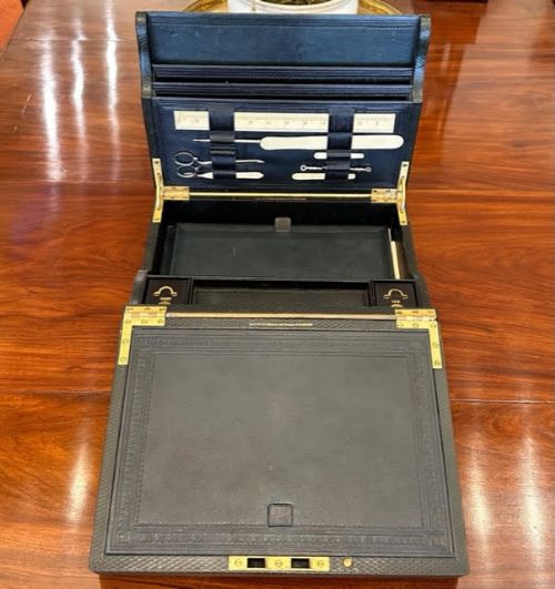 Late 19th Century Dark-green Pebble-grained Leather 3-Section Writing Box
