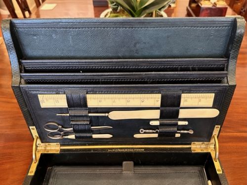 fig 1. Late 19th century dark-green pebble-grained leather 3-section Writing Box