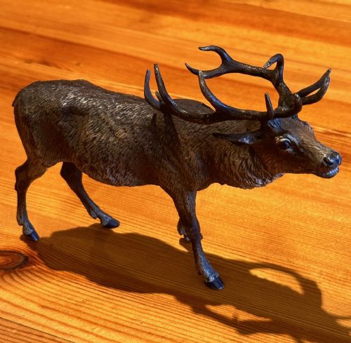 19th Century Austrian Cold-painted Bronze Stag (Length 16.5cm)