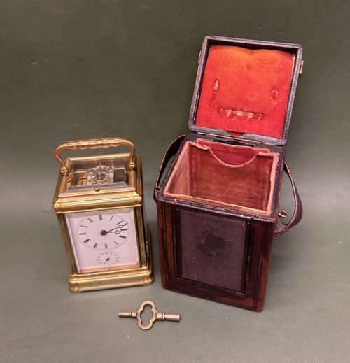 French Brass 8-Day Carriage Clock with Strike-repeat and Alarm in a Gorge Case, C.1860.