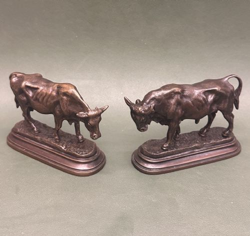 Pair of 19th Century French Bronze Animals, Bull & Cow (Each 12cm) by Isidore J Bonheur.