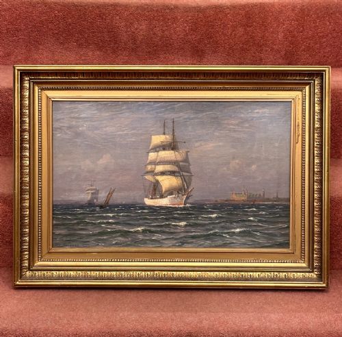 Marine Oil Painting on Canvas, "Tall Ship Off Elsinor Palace", Denmark, Signed and Dated